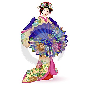 Japan National doll Hina Ningyo in a blue kimono with an umbrella. Umbrella and kimono decorated with a pattern with chrysanthemum