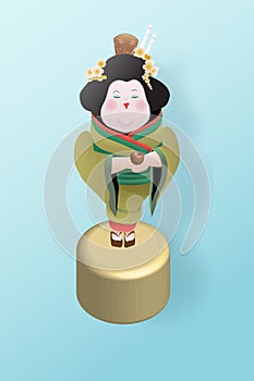 Japan National doll Hina Ningyo in a green kimono with pattern of gold lilies.