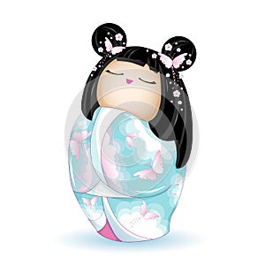 Japan National kokeshi doll in blue kimono with a pattern of pink clouds and butterflies. Vector illustration on white background.