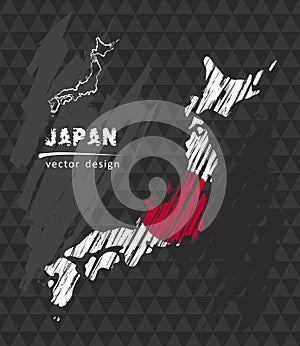 Japan national vector map with sketch chalk flag. Sketch chalk hand drawn illustration