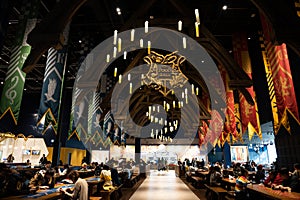 JAPAN - Nov 13, 2023: The Food Hall logo with Gryffindor, Slytherin Hufflepuff, Ravenclaw flag and light decor in Hogwarts
