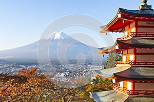 Chureito Pagoda with Fuji mountain in autumn, Fujiyoshida, Yamanashi, Japan