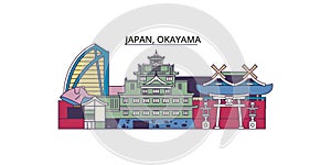 Japan, Okayama tourism landmarks, vector city travel illustration