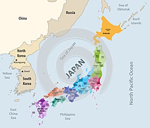 Japan prefectures vector map colored be regions with neighbouring countries and territories