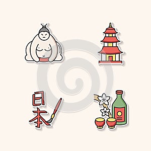 Japan printable patches. Sumo fighter. Shintoism temple. Asian calligraphy. Sake, alcohol drink. Traditional japanese