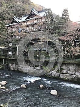 Japan ryokan onsen overlooking a river