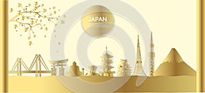 Japan`s world-famous landmark, autumn seasons, postcards, panoramic tours, advertising posters In the form of paper cut style,Gold