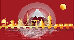 Japan`s world-famous landmark, autumn seasons, postcards, panoramic tours, advertising posters In the form of paper cut style - ve