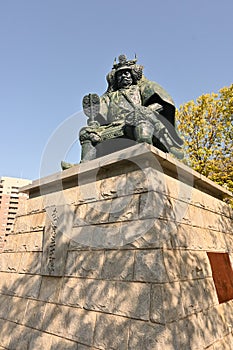 Japan sightseeing trip. A bronze statue of Takeda Shingen, a military commander during the Sengoku period.