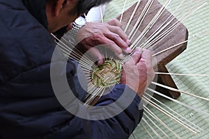 Japan sightseeing trip. Japanese handmade traditional crafts. Making bamboo colander.