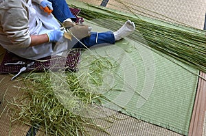 Japan sightseeing trip. Japanese handmade traditional crafts. Making bamboo colander.