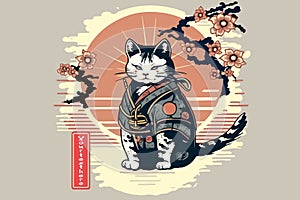 japan style cat samurai at sunset