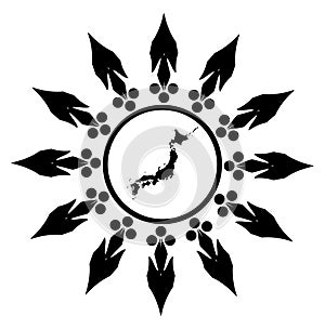 Japan in stylized sun, tattoo, black and white, isolated.