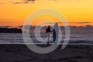 Japan Surf, a man surf many waves on many Surf boards during sunrise and sunset in a blue ocean. Surfing In Japan