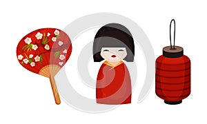 Japan Symbols with Kokeshi Wooden Doll and Paper Lantern Vector Set