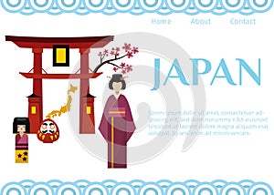 Japan symbols for travellers web vector template. Set of Japanese-themed design elements including geisha, Shinto gate