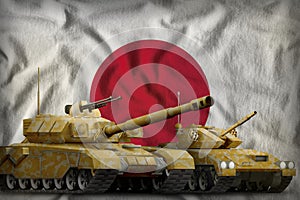 Japan tank forces concept. tanks with orange camouflage on flag background. 3d Illustration