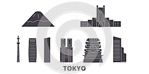 Japan, Tokyo City flat travel skyline set. Japan, Tokyo City black city vector illustration, symbol, travel sights