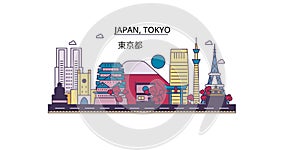 Japan, Tokyo tourism landmarks, vector city travel illustration