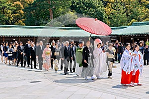 Japan. Tokyo. Traditional wedding ceremony at Meiji Jingu Shinto shrine