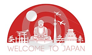 Japan top famous landmark silhouette and dome with red color sty