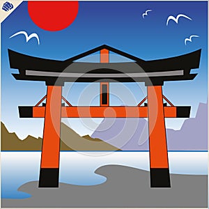 Japan traditional gate torii , sky and mountaine. Vector. EPS