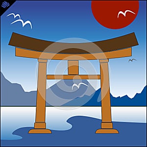 Japan traditional gate torii , sky and mountaine. Vector. EPS