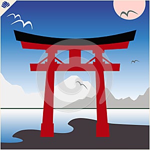 Japan traditional gate torii , sky and mountaine. Vector. EPS