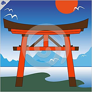 Japan traditional gate torii , sky and mountaine. Vector. EPS photo