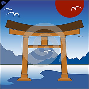 Japan traditional gate torii , sky and mountaine. Vector. EPS photo