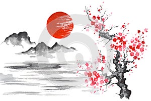 Japan Traditional japanese painting Sumi-e art Sun Mountain Sakura Lake photo