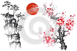 Japan Traditional japanese painting Sumi-e art Sun Sakura