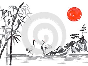 Japan traditional sumi-e painting. Fuji mountain, sakura, sunset. Japan sun. Indian ink illustration. Japanese picture.