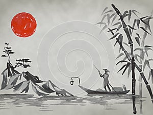 Japan traditional sumi-e painting. Fuji mountain, sakura, sunset. Japan sun. Indian ink illustration. Japanese picture.