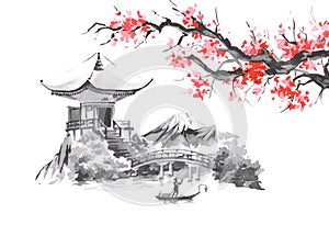 Japan traditional sumi-e painting. Fuji mountain, sakura, sunset. Japan sun. Indian ink illustration. Japanese picture.