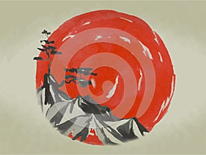 Japan traditional sumi-e painting. Fuji mountain, sakura, sunset. Japan sun. Indian ink illustration. Japanese picture
