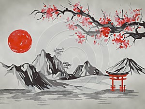 Japan traditional sumi-e painting. Fuji mountain, sakura, sunset. Japan sun. Indian ink illustration. Japanese picture.