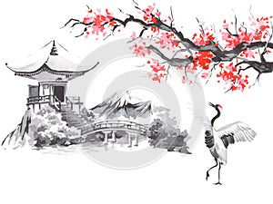 Japan traditional sumi-e painting. Fuji mountain, sakura, sunset. Japan sun. Indian ink illustration. Japanese picture.