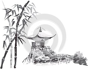 Japan traditional sumi-e painting. Fuji mountain, temple, sunset. Japan sun. Indian ink illustration. Japanese picture