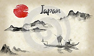 Japan traditional sumi-e painting. Indian ink illustration. Japanese picture. Man and boat. Mountain landscape