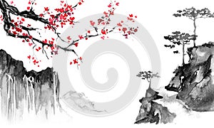 Japan traditional sumi-e painting. Indian ink illustration. Japanese picture. Sakura and mountains