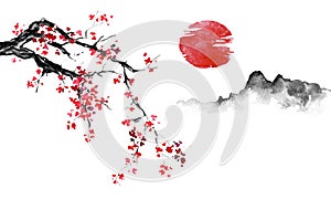 Japan traditional sumi-e painting. Indian ink illustration. Japanese picture. Sakura, sun and mountain