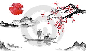 Japan traditional sumi-e painting. Indian ink illustration. Man and boat. Mountain landscape with sakura. Sunset, dusk