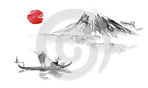 Japan traditional sumi-e painting. Indian ink illustration. Man and boat. Mountain landscape. Sunset, dusk. Japanese