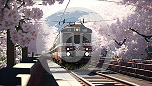 Japan train with Sakura or cherry blossom, cherry blossoms along the railway. Sakura season, spring background. generative ai