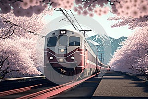 Japan train with Sakura or cherry blossom, cherry blossoms along the railway. Sakura season, spring background, Generative AI