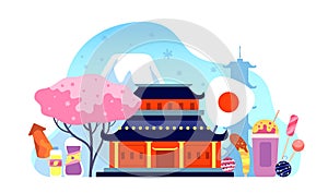 Japan travel background. Japanese summer landscape, travelling landmarks and festival elements. Asian tourism, flat