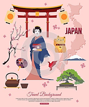 Japan travel background with place for text. Set