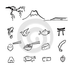 Japan travel drawing icons set