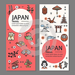 Japan Travel Flyers Placrad Banners Set. Vector